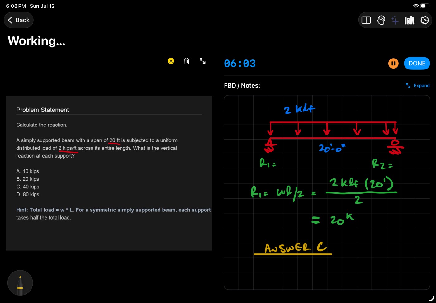 TURGOR on iPad: a timed beam problem beside a hand-drawn free-body diagram with colored ink